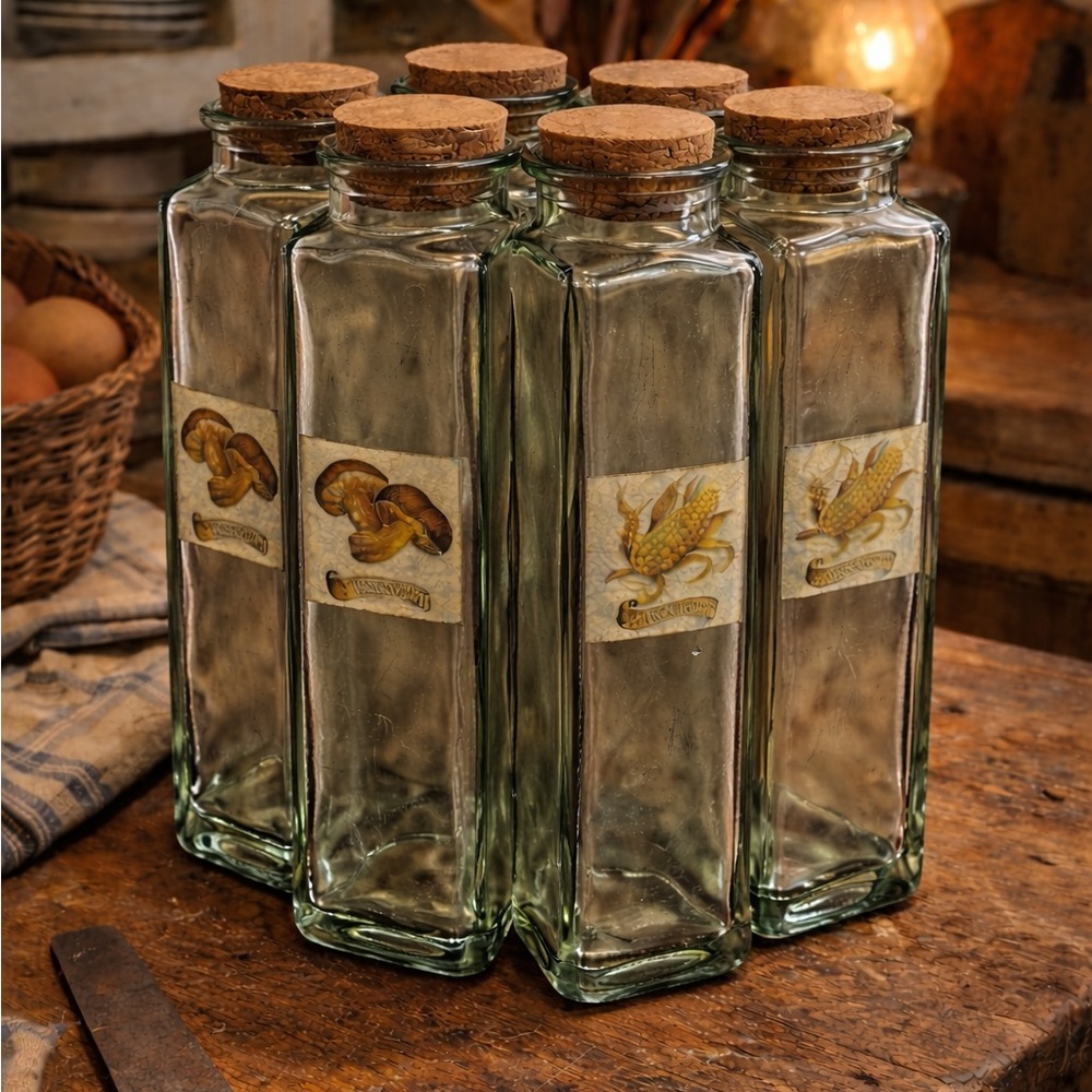 Mushroom, corn, Vintage Set of Six Glass Bottles with Cork Lids use for various